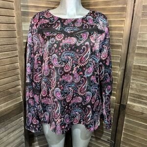 A.U.W. Paisley Print Long Bell Sleeve Blouse Crochet Details XL Relaxed Bohemian